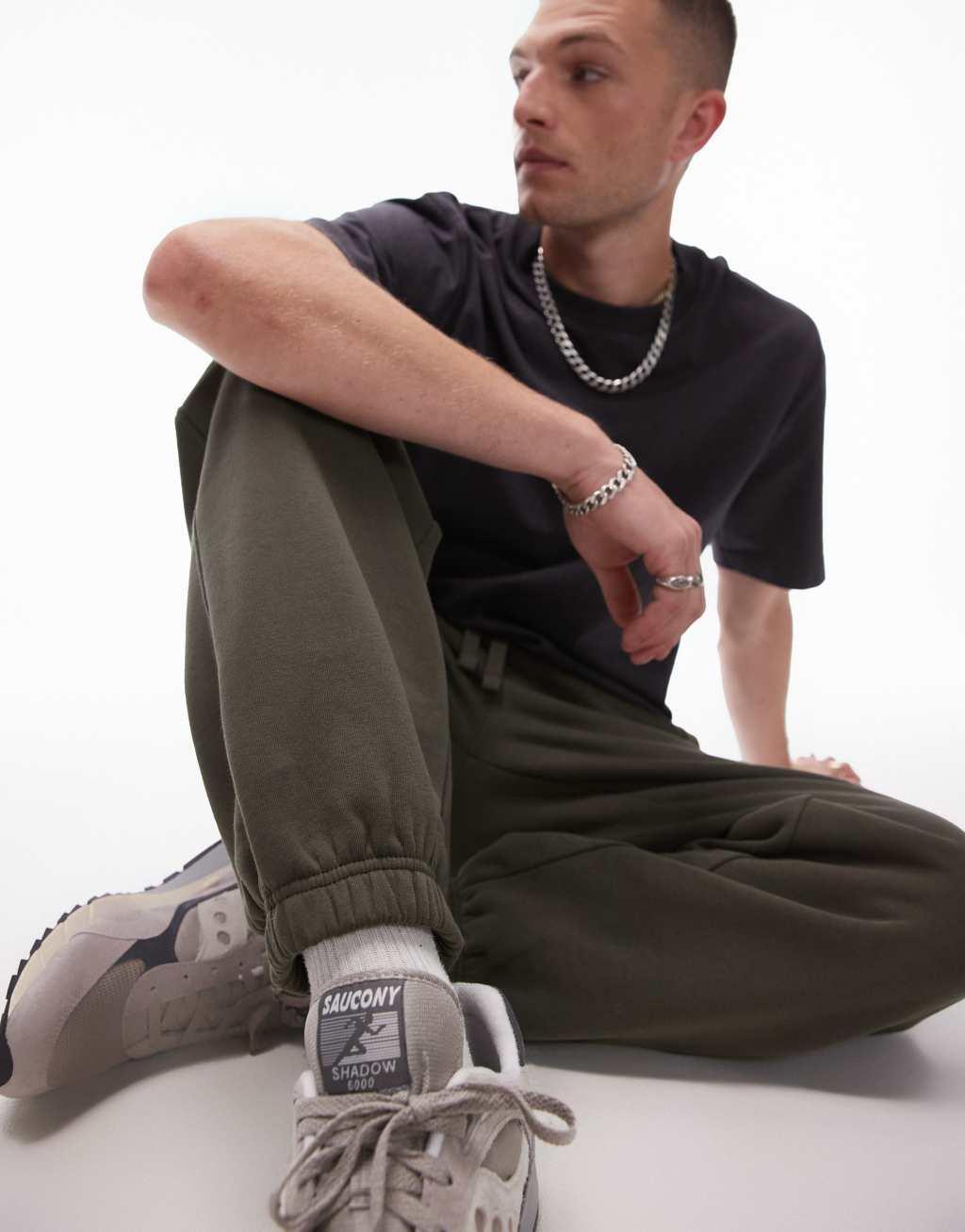 Topman premium heavyweight oversized sweatpants in khaki Product Image
