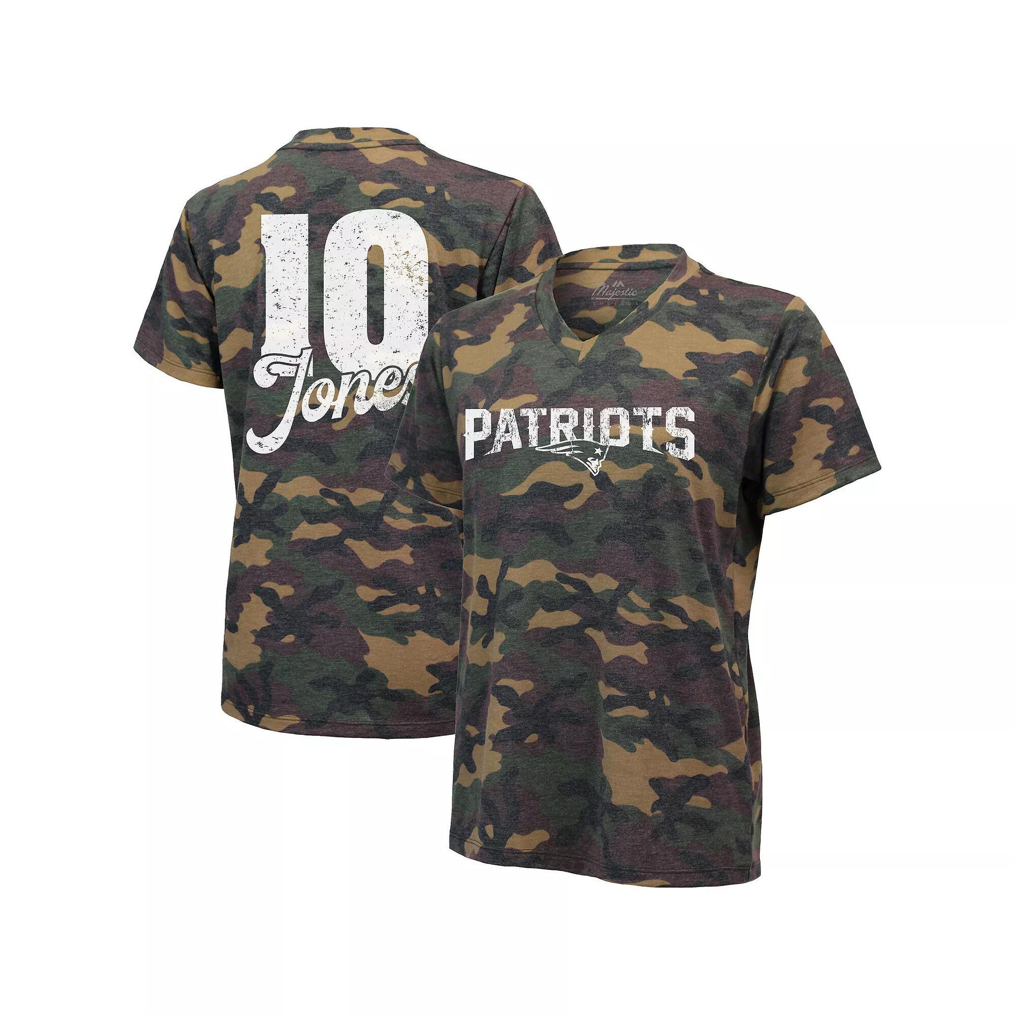 Women's Majestic Threads Mac Jones Camo New England Patriots Name & Number V-Neck Tri-Blend T-Shirt, Size: Medium, Green Product Image