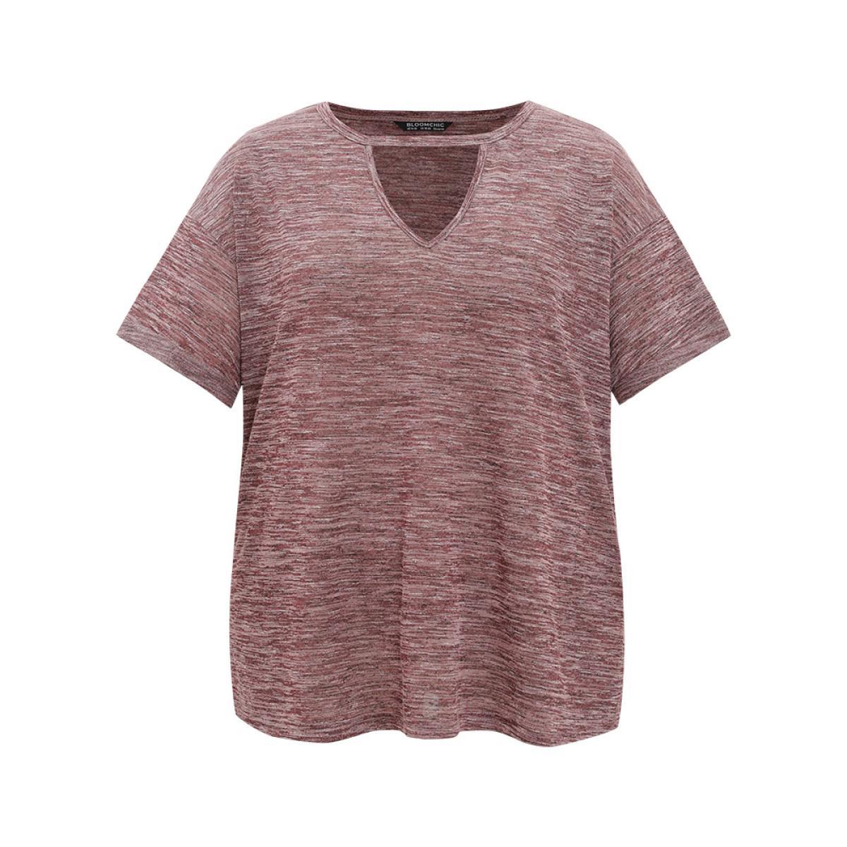 Plus Size Plain Keyhole Split Hem Heather T-shirt Burgundy Women Casual Heather Plain Keyhole Cut-Out Dailywear T-shirts BloomChic 28/5X Product Image