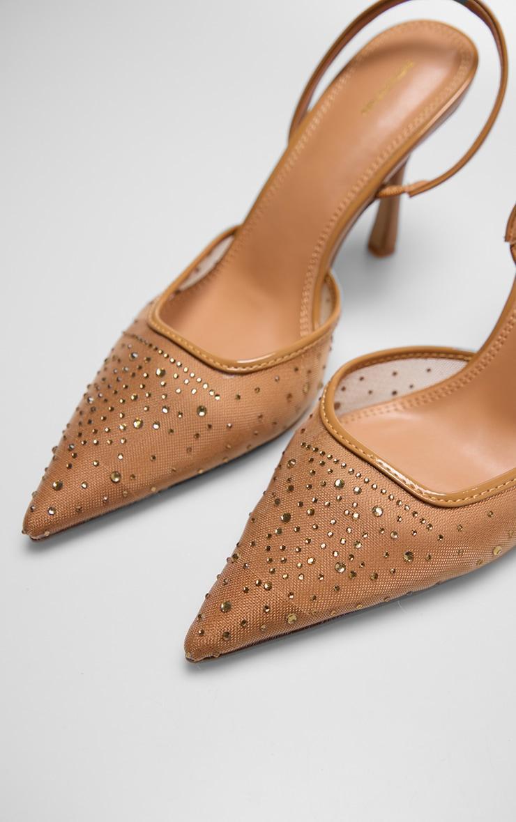 Camel Mesh Diamante High Stiletto Sling Back Court Heels Product Image