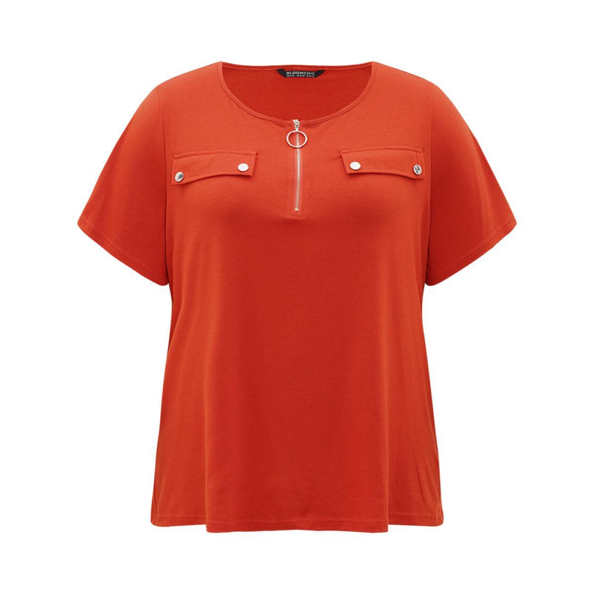 Plus Size plain Ring Zipper Patchwork T-shirt OrangeRed Women Casual Zipper Plain Open Front Dailywear T-shirts BloomChic 14-16/1X Product Image