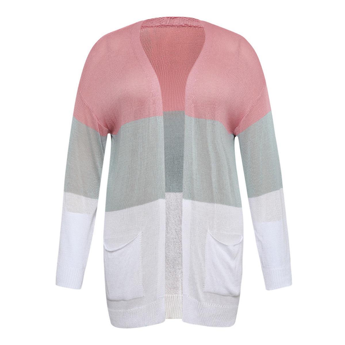 Plus Size Colorblock Pocket Drop Shoulder Elastic Cuffs Contrast Cardigan Pink Women Casual Loose Long Sleeve Dailywear Cardigans BloomChic 18-20/2X Product Image
