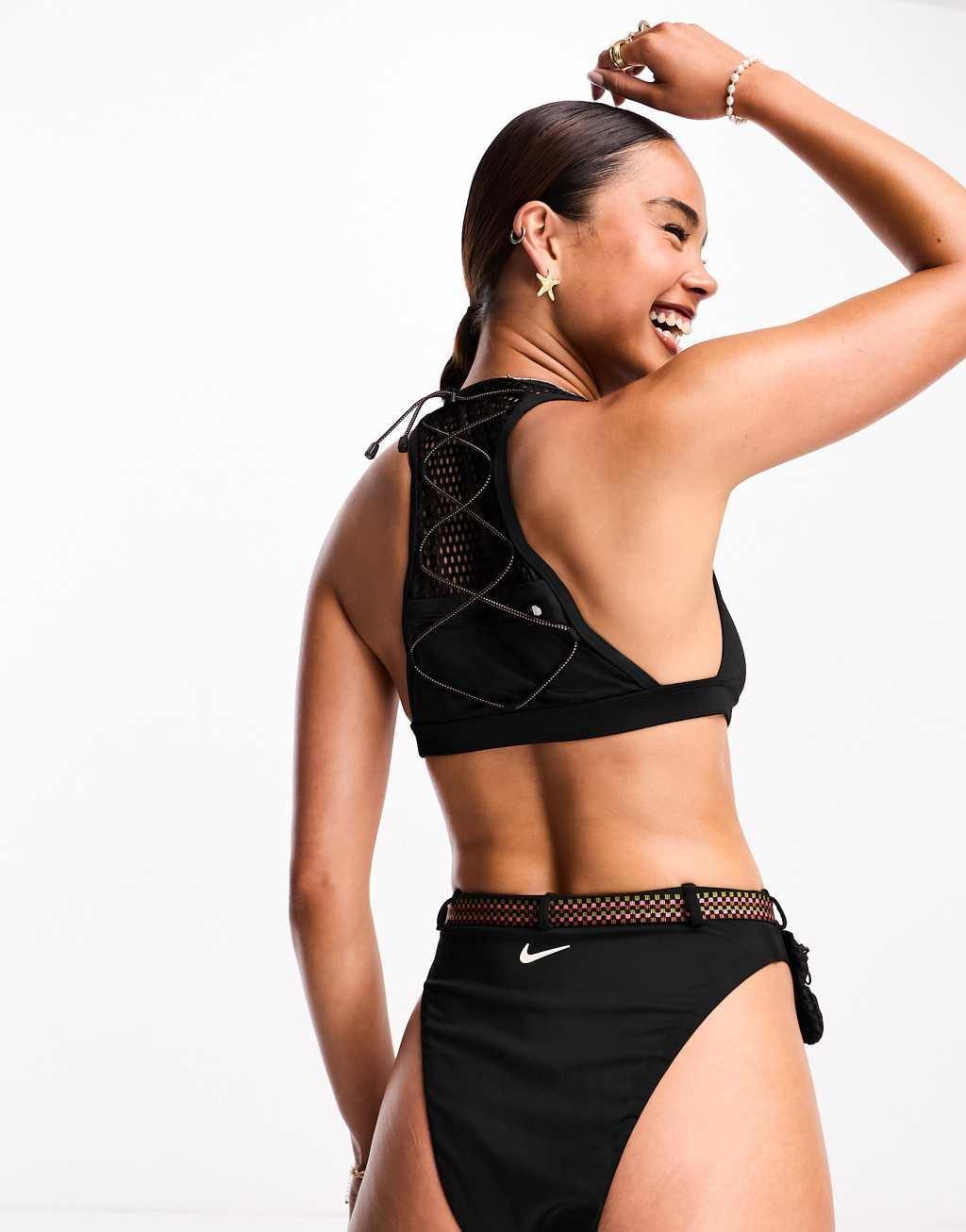 Nike Swimming Explore wild high neck mesh bikini top in black  Product Image