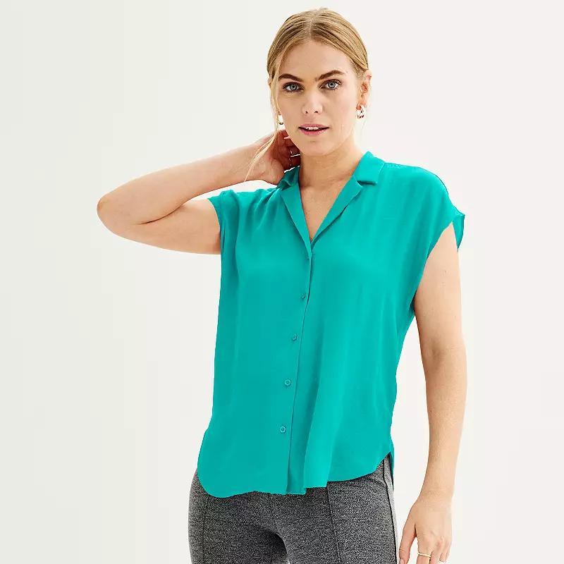 Women's Petite Nine West Short Sleeve Easy Lapel Shirt, Size: XXL Petite, Black Product Image
