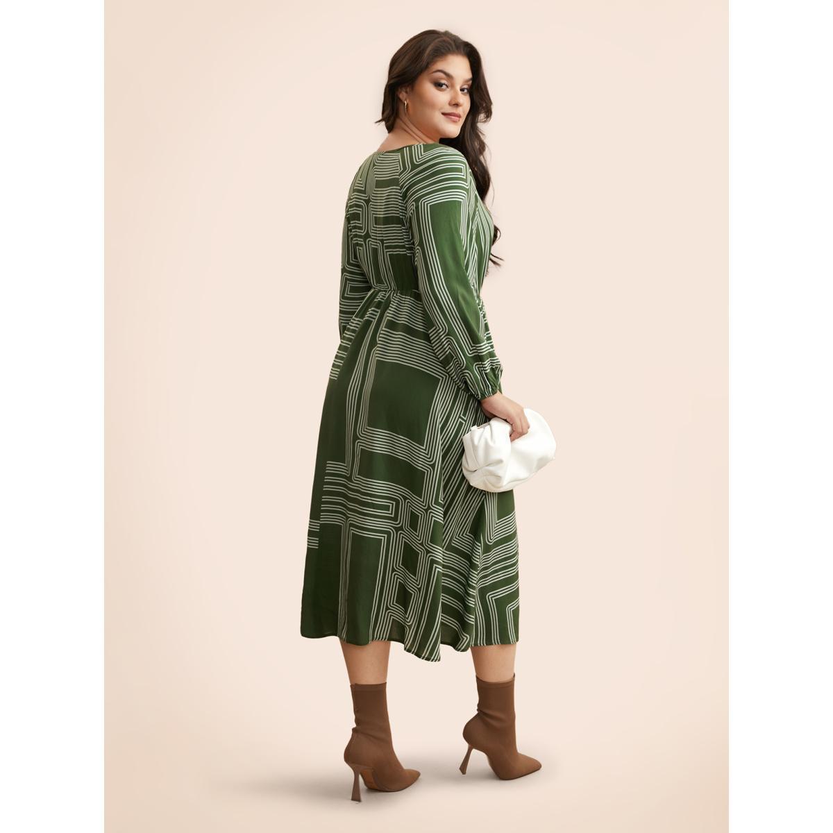 Plus Size Geometric Button Detail Lantern Sleeve Dress Moss Women At the Office Button V-neck Long Sleeve Curvy BloomChic 10/M Product Image