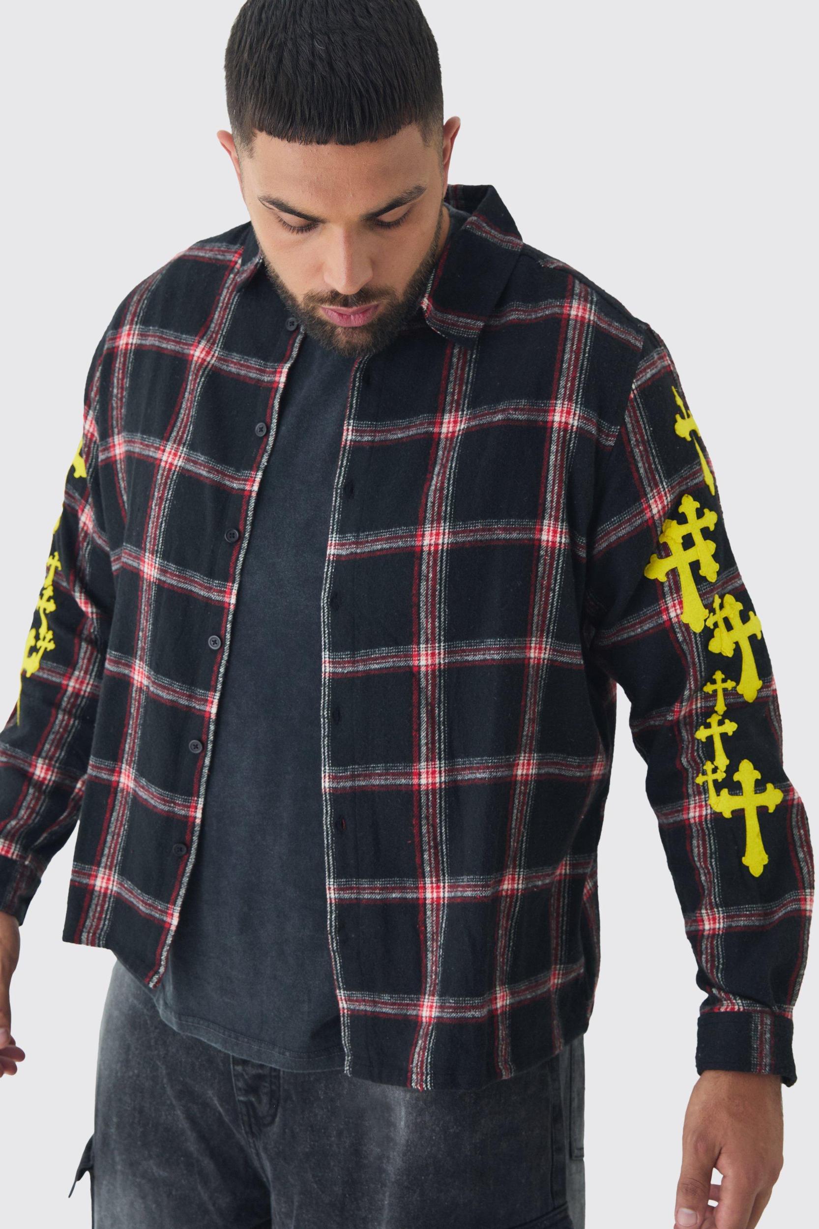Plus Cross Applique Regular Fit PlaidShirt in Black | boohooMAN USA Product Image