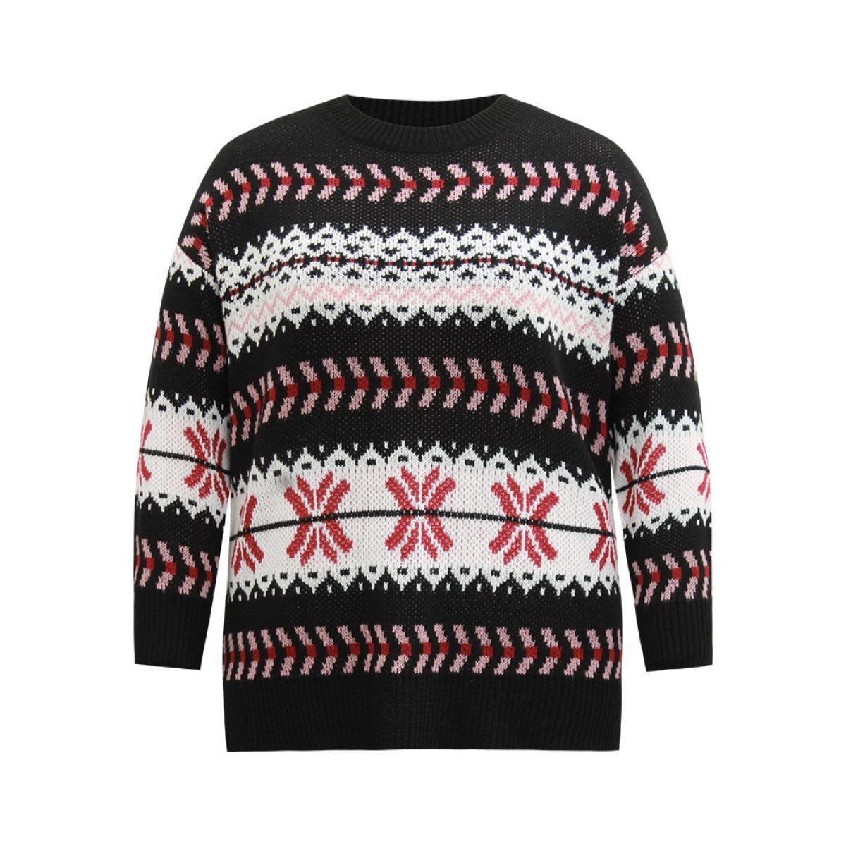 Plus Size Bandana Geo Print Drop Shoulder Pullover Multicolor Women Casual Loose Long Sleeve Round Neck Dailywear Pullovers BloomChic 12/L Product Image