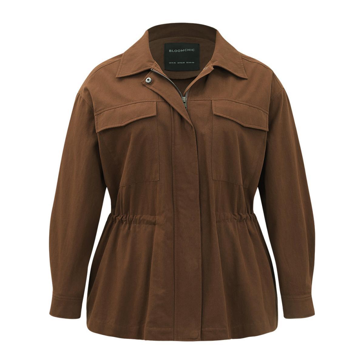 Plus Size Plain Flap Pocket Gathered Coat Women Maroon Casual Gathered Ladies Dailywear Winter Coats BloomChic 12/L Product Image
