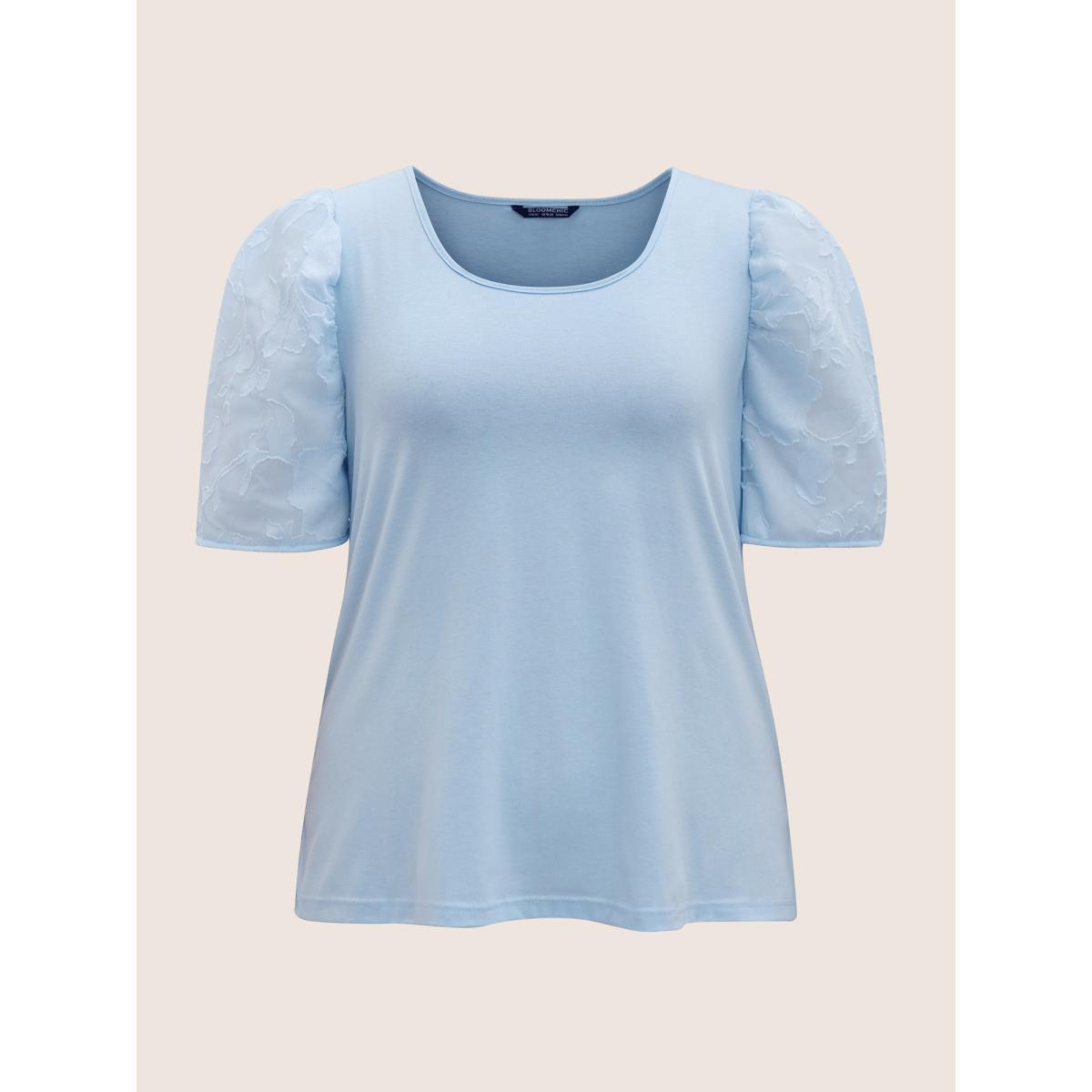 Plus Size U Neck Chiffon Patchwork Bishop Sleeve T-shirt LightBlue Women Elegant Gathered U-neck Everyday T-shirts BloomChic 26/4X Product Image