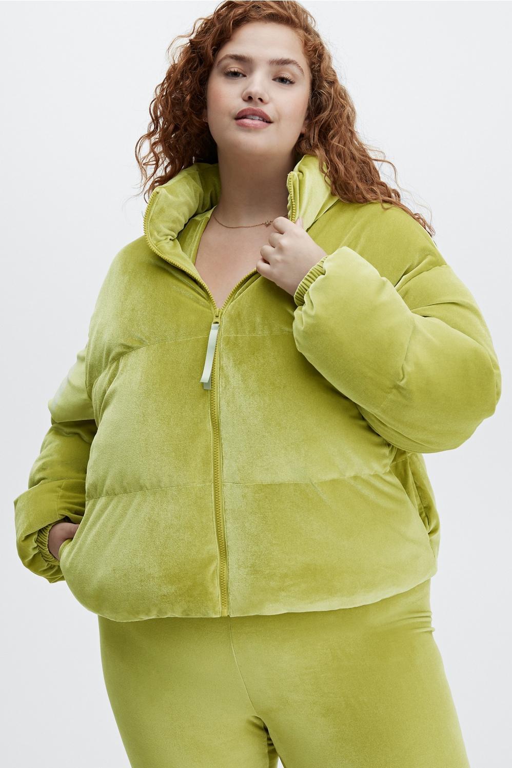 Fabletics Wander Velour Cropped Puffer Jacket Womens green Size XXL Product Image
