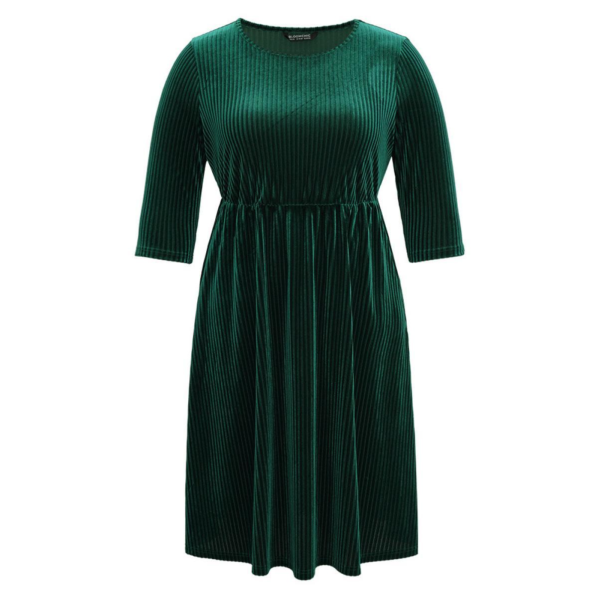 Plus Size Plain Velvet Elastic Waist Pocket Crew Neck Dress DarkGreen Women Elegant Velvet Round Neck Elbow-length sleeve Curvy Midi Dress BloomChic 18-20/2X Product Image