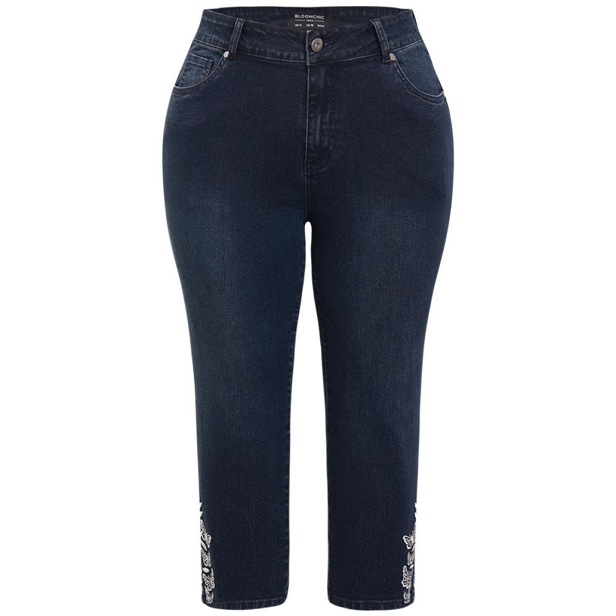 Plus Size Very Stretchy High Rise Dark Wash Butterfly Embroidered Jeans Women DarkBlue Casual Plain Embroidered High stretch Pocket Jeans BloomChic 16/1X Product Image