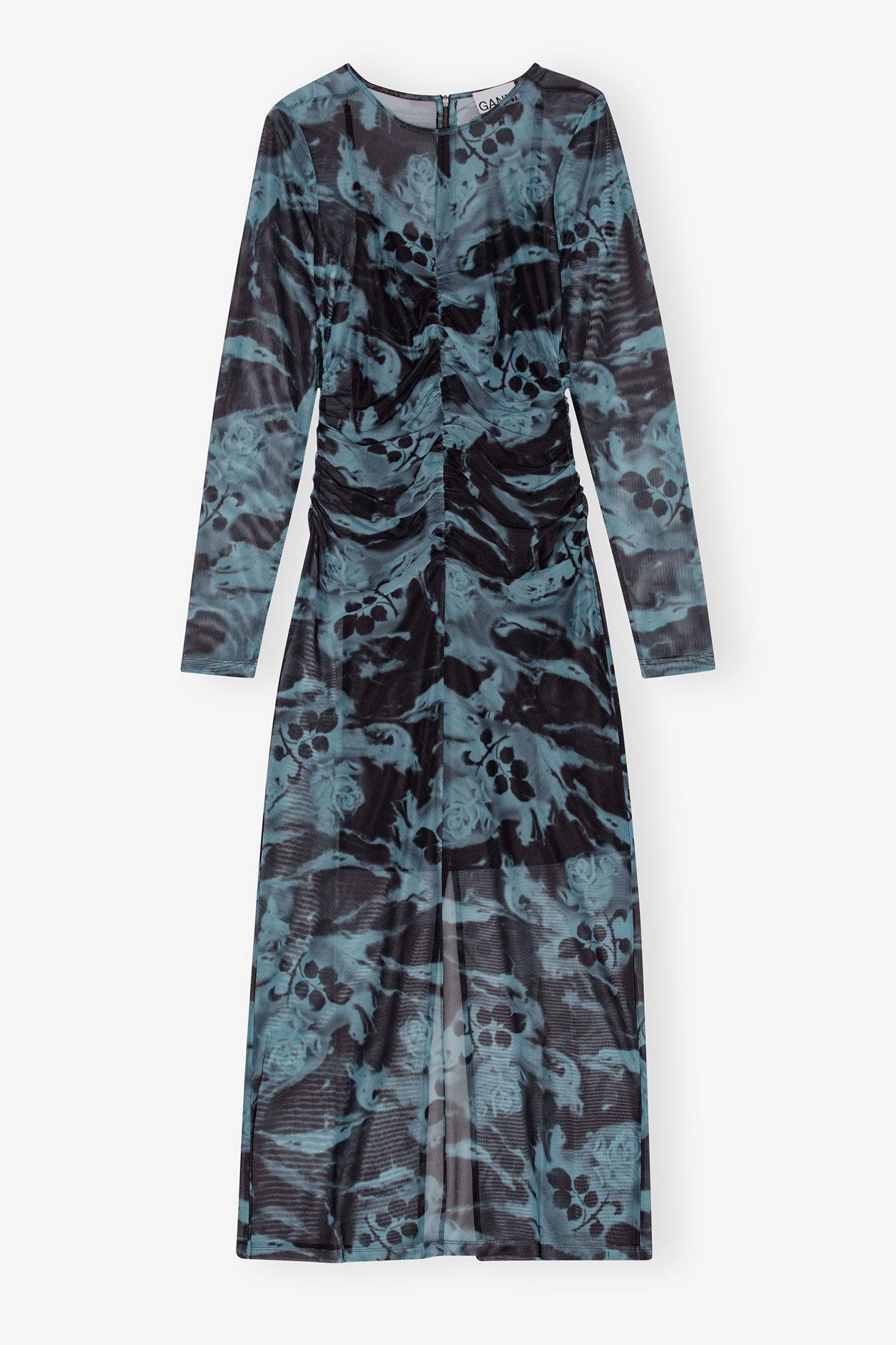 Blue Printed Mesh O-neck Ruched Long Dress Product Image
