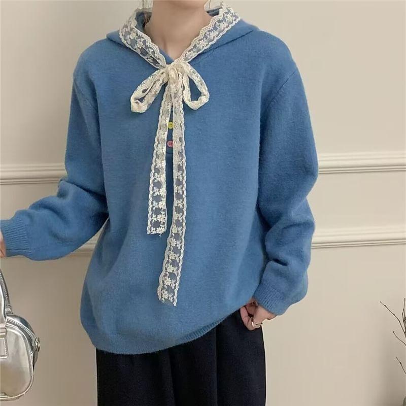 Henley Bow Panel Hood Sweater Product Image