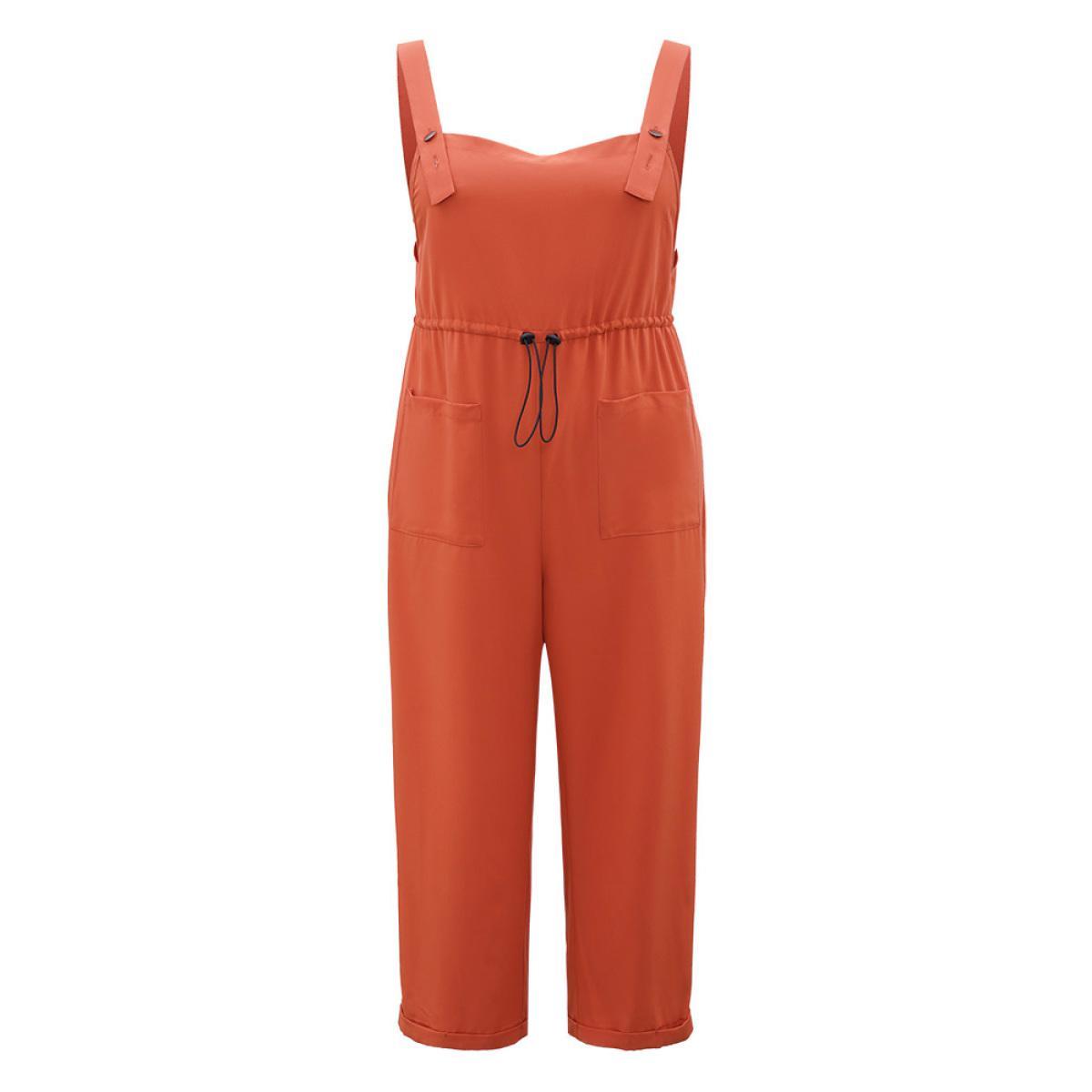 Plus Size OrangeRed Plain Button Up Pocket Roll Hem Drawstring Jumpsuit Women Elegant Sleeveless Spaghetti Strap Dailywear Loose Jumpsuits BloomChic 18-20/2X Product Image