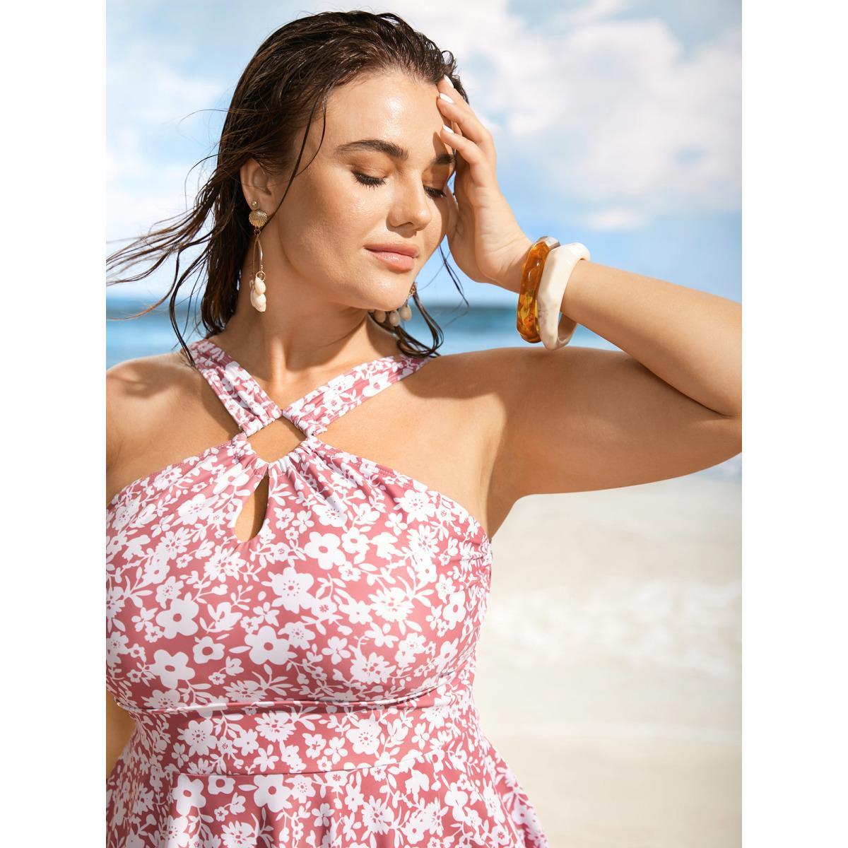 Plus Size Ditsy Floral Keyhole Split Hem Ruched Swim Dress Women's Swimwear Salmon Beach Bodycon Asymmetrical Neck High stretch Curve Swim Dresses BloomChic 30/6X Product Image