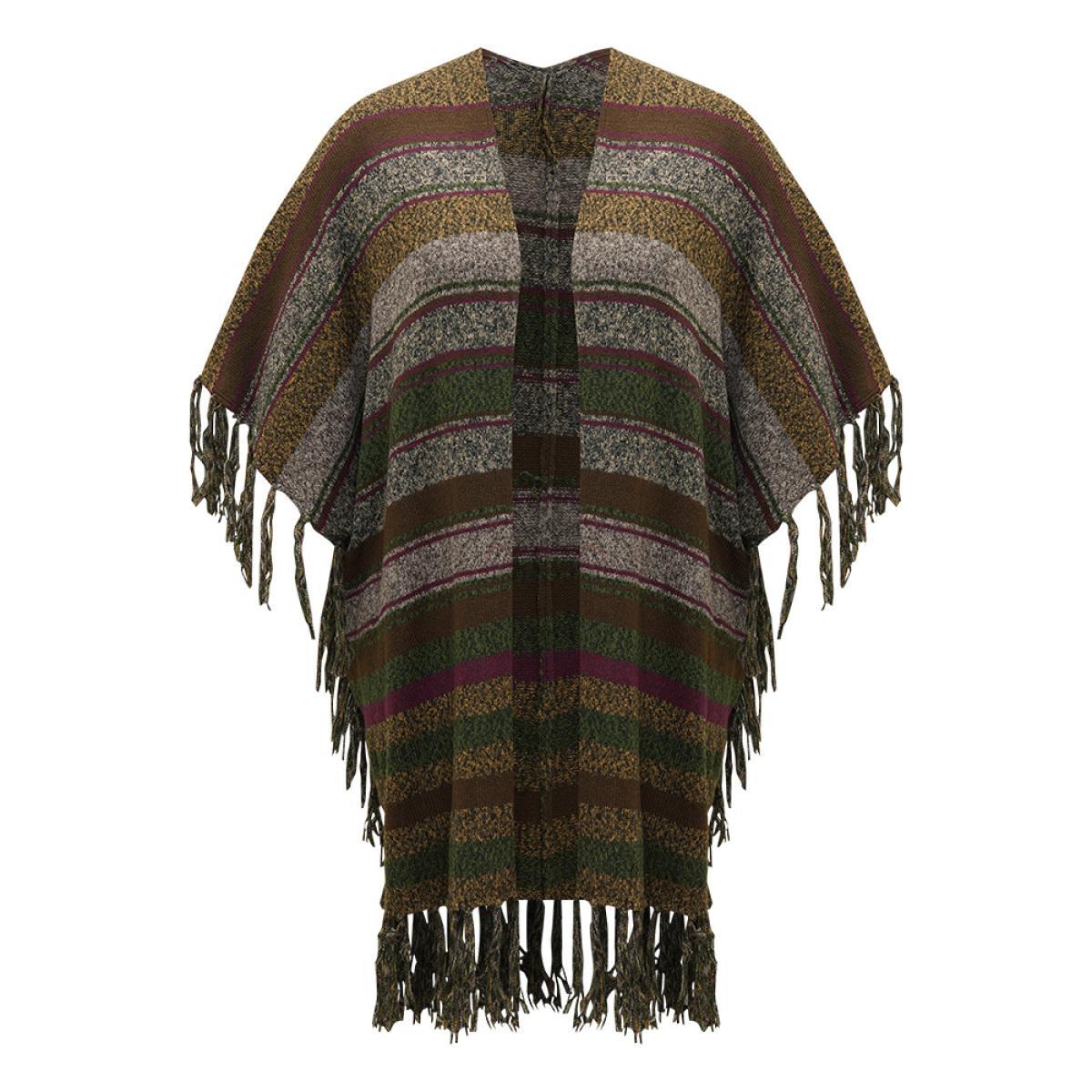 Plus Size Contrast Striped Fringe Trim Drape Cardigan Multicolor Women Casual Loose Sleeveless Everyday Cardigans BloomChic 22-24/3X Product Image