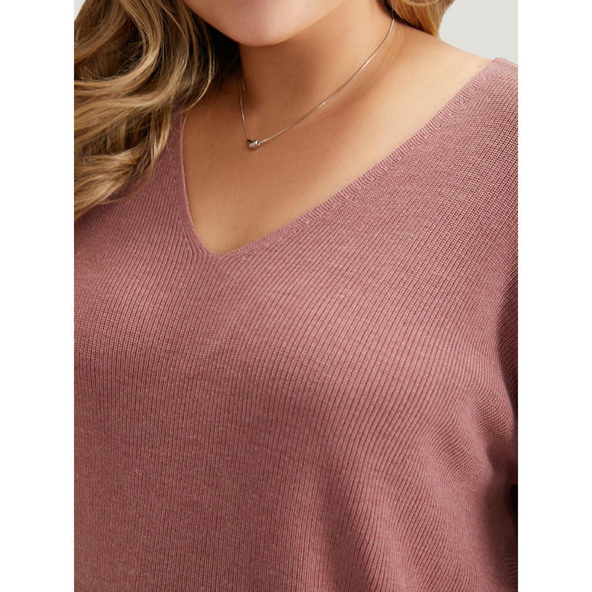 Plus Size Plain Twist Back Backless Pullover DustyPink Women Casual Loose Long Sleeve V-neck Dailywear Pullovers BloomChic 30/6X Product Image