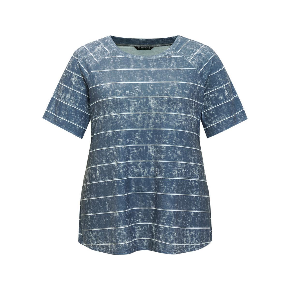 Plus Size Striped Print Raglan Sleeve Vintage T-shirt DimGray Women Casual Contrast Striped Round Neck Dailywear T-shirts BloomChic 10/M Product Image