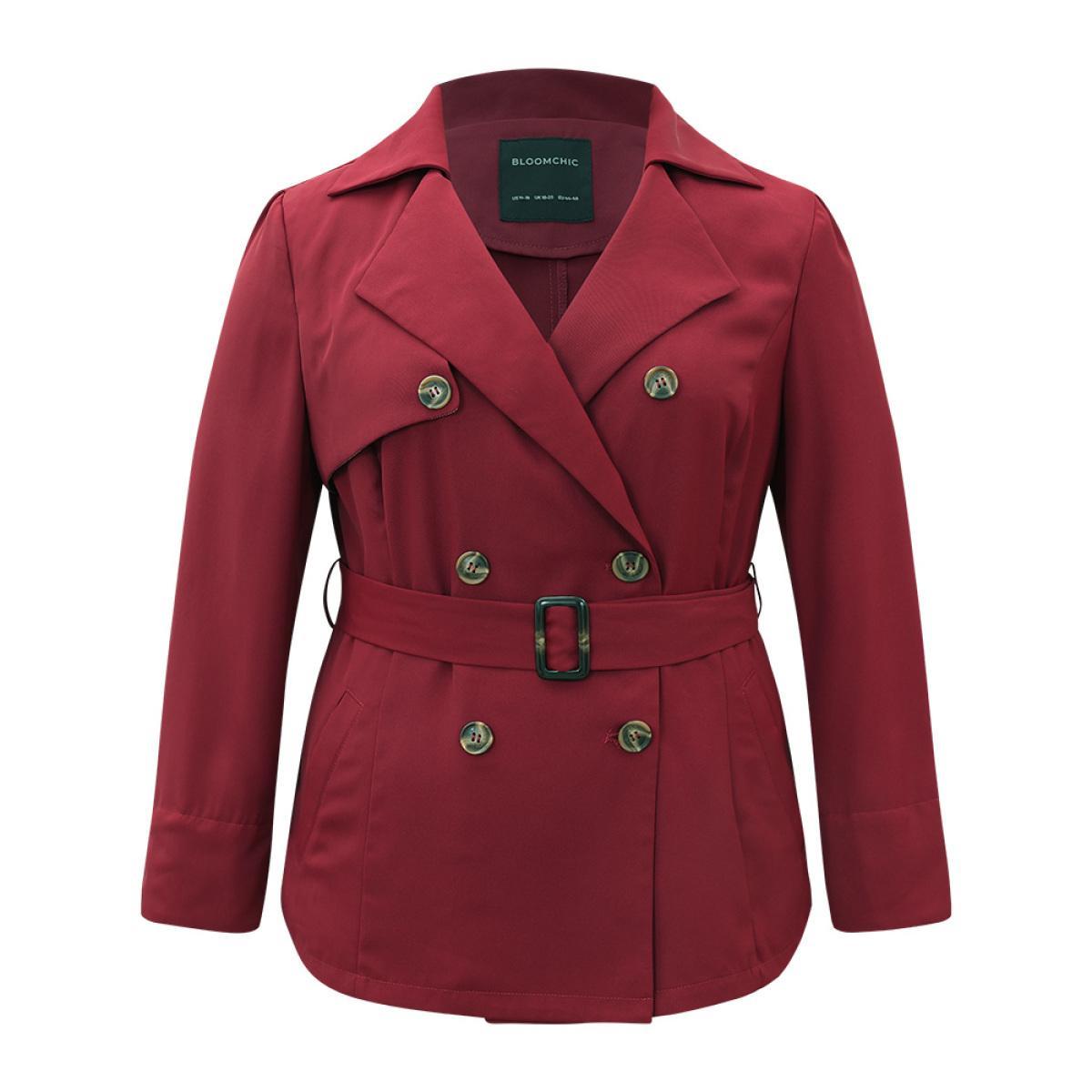 Plus Size Twill Lapel Collar Belted Button Up Buckle Detail Coat Women Burgundy Casual Plain Ladies Dailywear Winter Coats BloomChic 18-20/2X Product Image