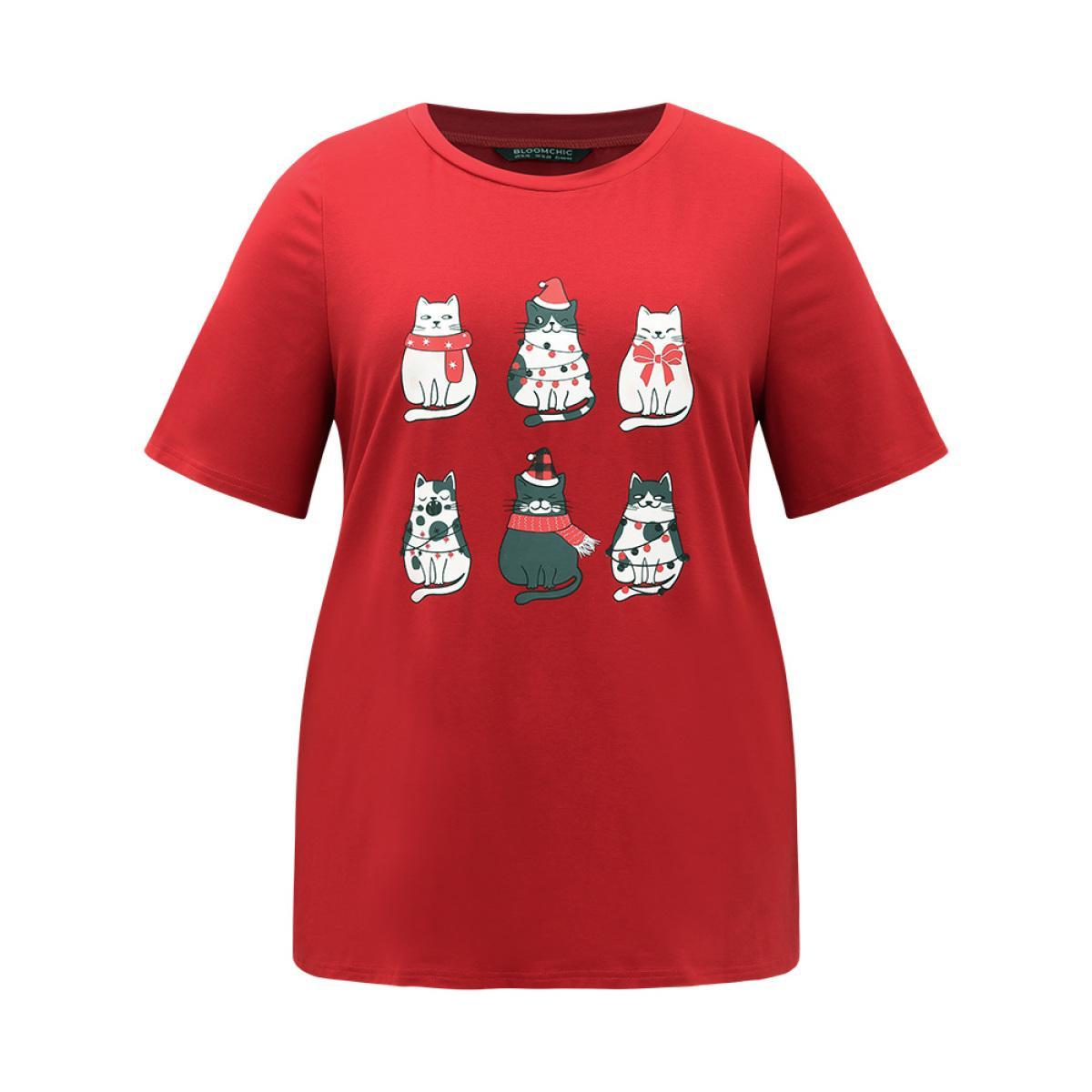 Plus Size Christmas Cat Print Round Neck T-shirt Red Women Casual Printed Christmas Festival-Christmas T-shirts BloomChic 10/M Product Image