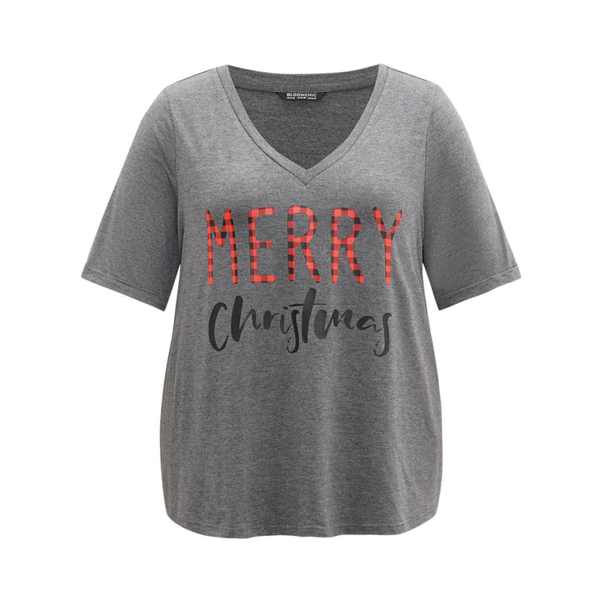 Plus Size Christmas Gingham Patchwork V Neck T-shirt DimGray Women Casual Printed Christmas Festival-Christmas T-shirts BloomChic 18-20/2X Product Image