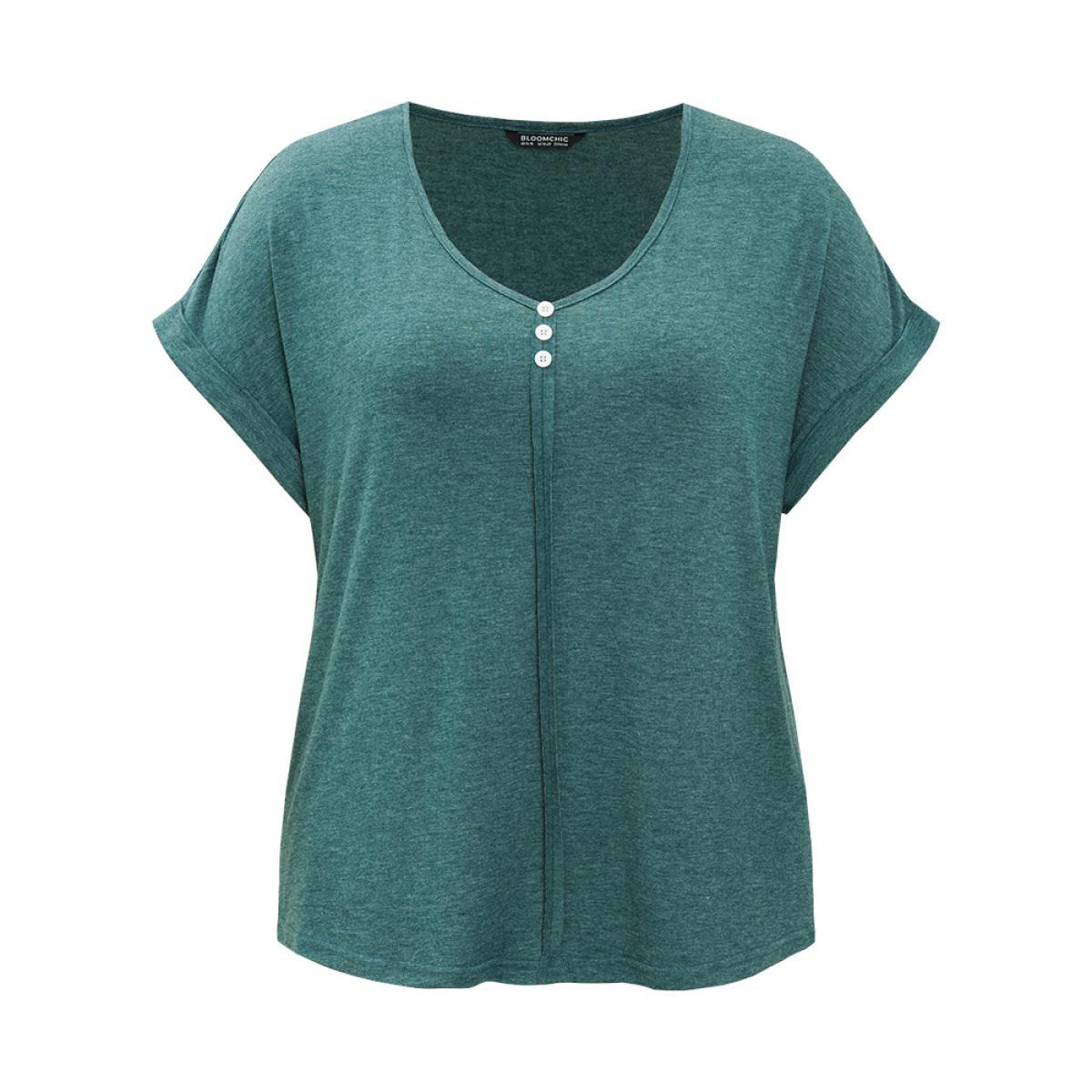 Plus Size Plain V Neck Button Detail Roll Dolman Sleeve T-shirt Cyan Women Casual Plain Plain V-neck Dailywear T-shirts BloomChic 26/4X Product Image