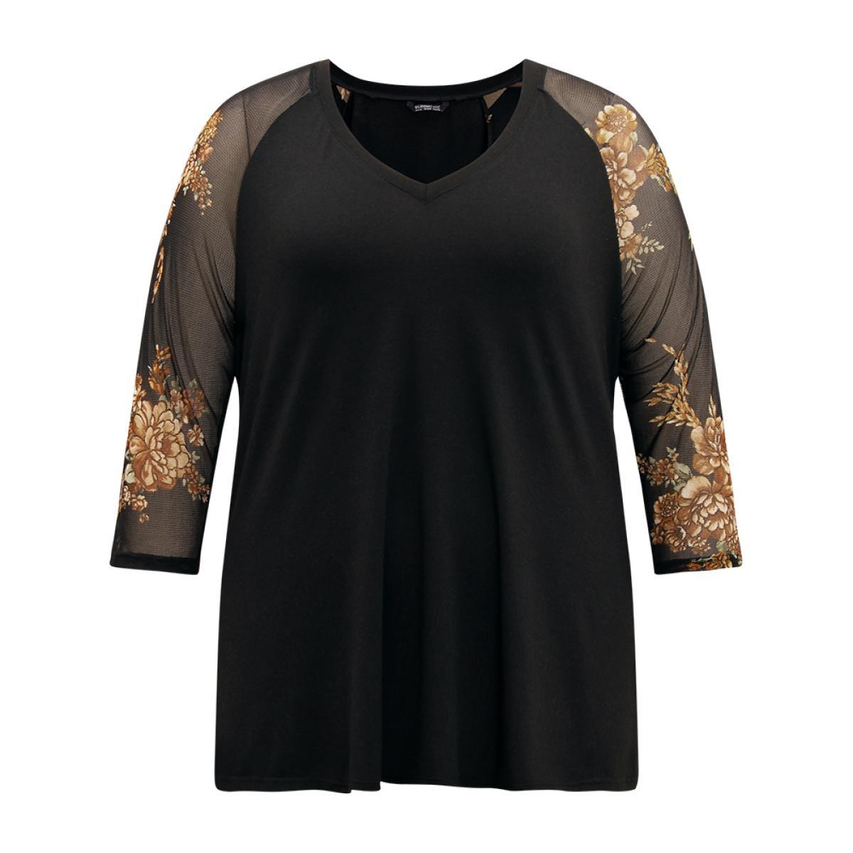 Plus Size Floral Print Patchwork Mesh T-shirt Black Women Casual See through Floral V-neck Dailywear T-shirts BloomChic 12/L Product Image