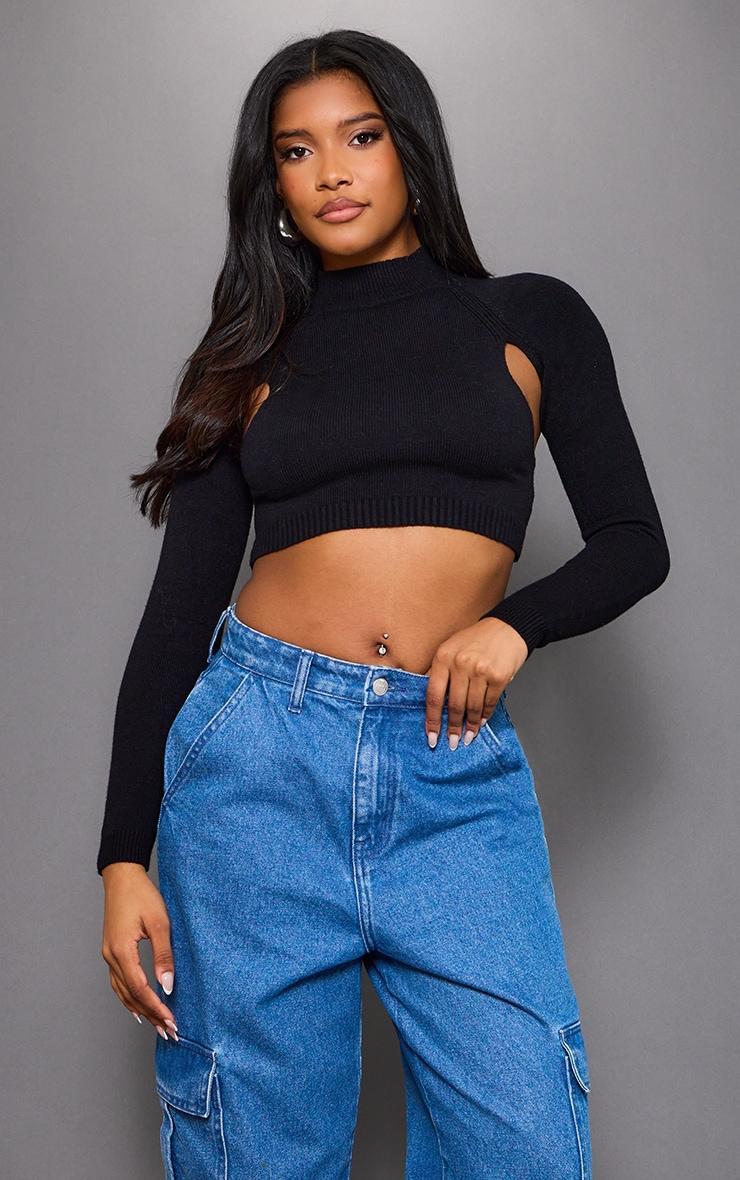  Black Soft Knit Cut Out Crop Sweater Product Image