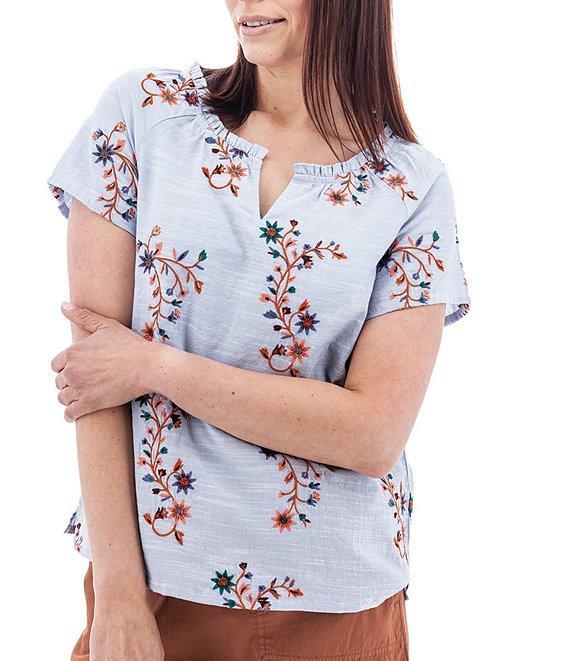 Aventura Lorena Floral Embroidery Split V-Neck Raglan Sleeves Mini Ruched Woven Top Product Image