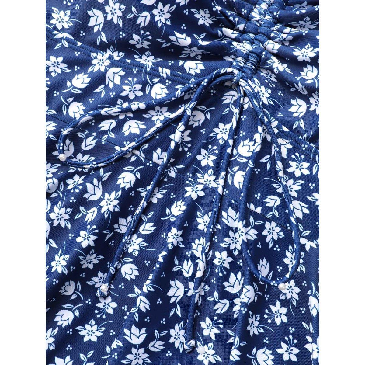 Plus Size Off-Shoulder Ruched Drawstring Swim Dress Women's Swimwear Indigo Beach Bodycon One-shoulder neck High stretch Curve Swim Dresses BloomChic 28/5X Product Image