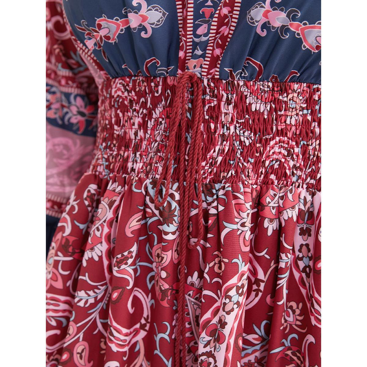 Plus Size Bandana Print Pocket Shirred Bowknot Dress Scarlet Women Vacation Cross straps V-neck Long Sleeve Curvy Midi Dress BloomChic 26/4X Product Image
