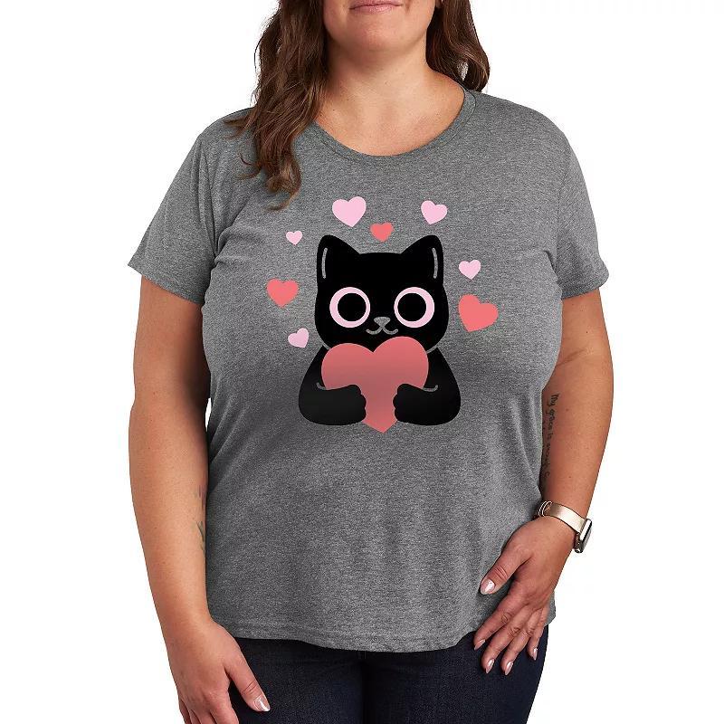 Plus Cat With Hearts Graphic Tee, Womens Grey Gray Product Image