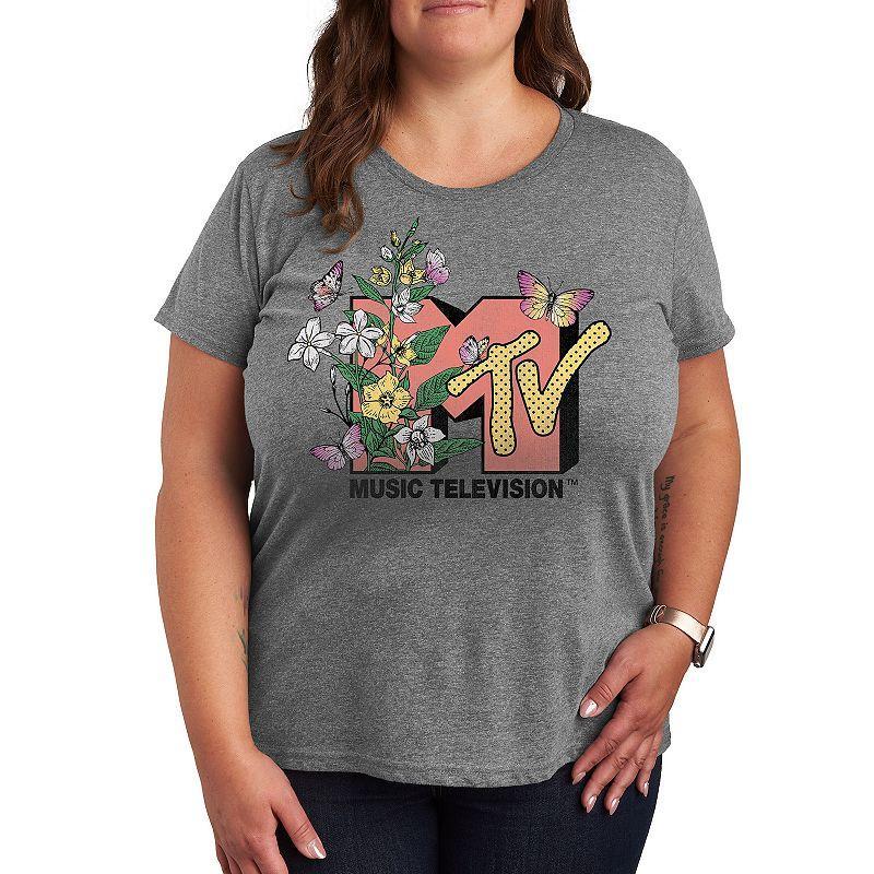 Plus MTV Botanical Art Graphic Tee, Womens Grey Gray Product Image