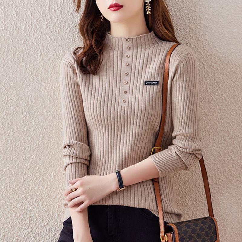 Long-Sleeve Mock Neck Lettering Applique Ribbed Knit Top Product Image