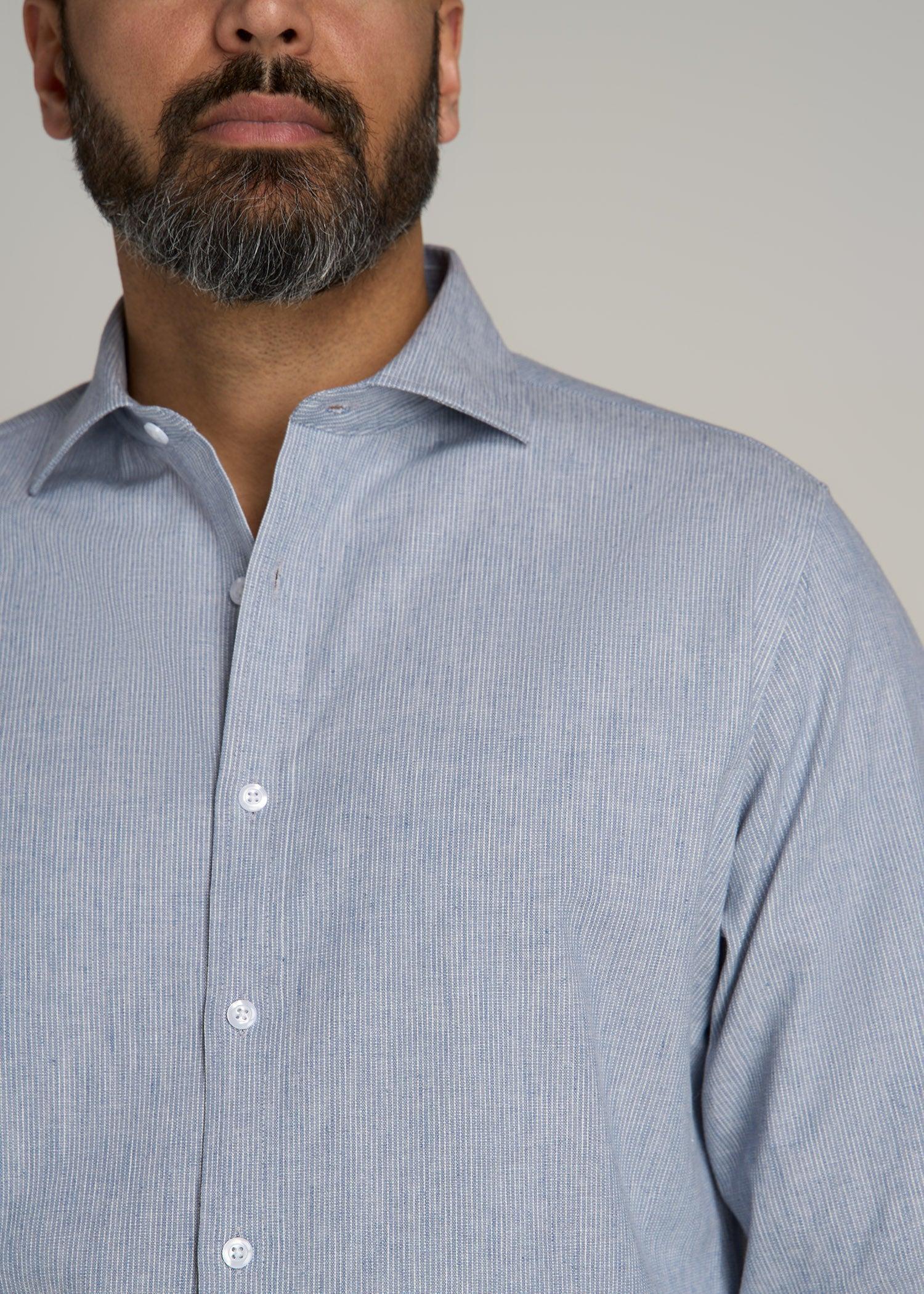 Stretch Linen Dress Shirt for Tall Men in Blue and White Pinstripe Product Image