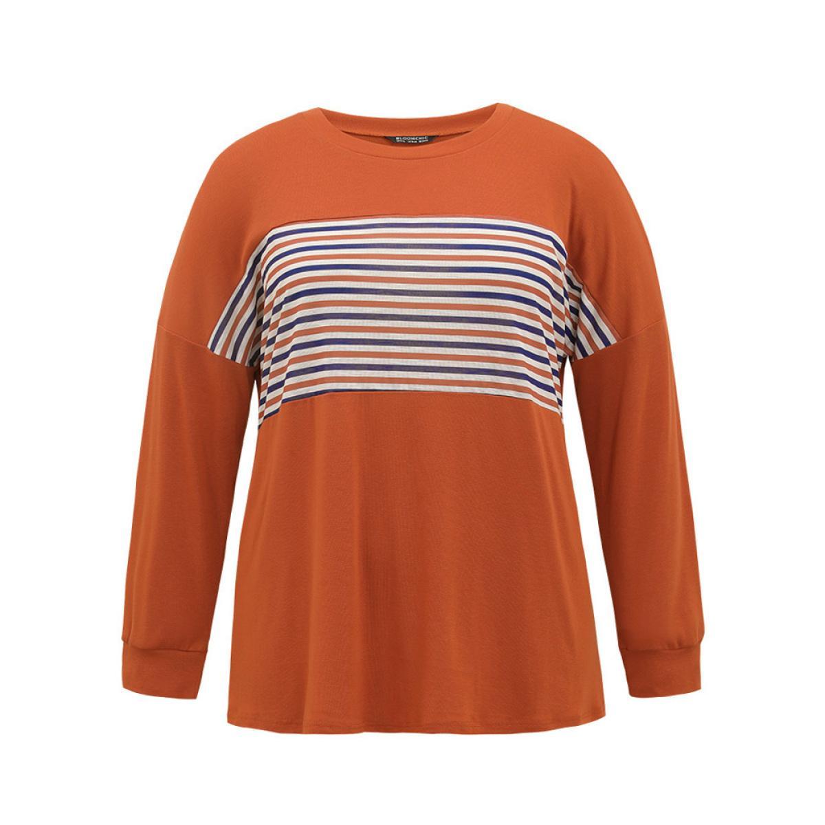 Plus Size Halloween Striped Patchwork Round Neck Drop Shoulder T-shirt Chocolate Women Casual Contrast Striped Round Neck Festival-Halloween T-shirts BloomChic 10/M Product Image