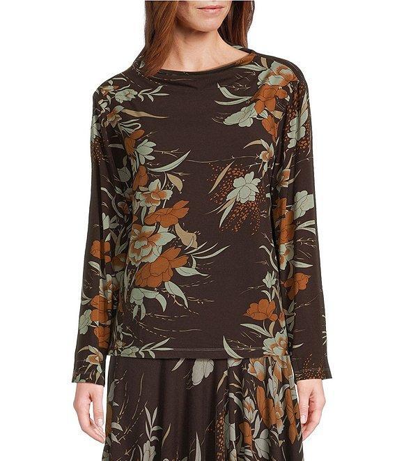 Bryn Walker Belen Fiori Print Viscose Jersey Drape Neck Long Sleeve Shirt Product Image