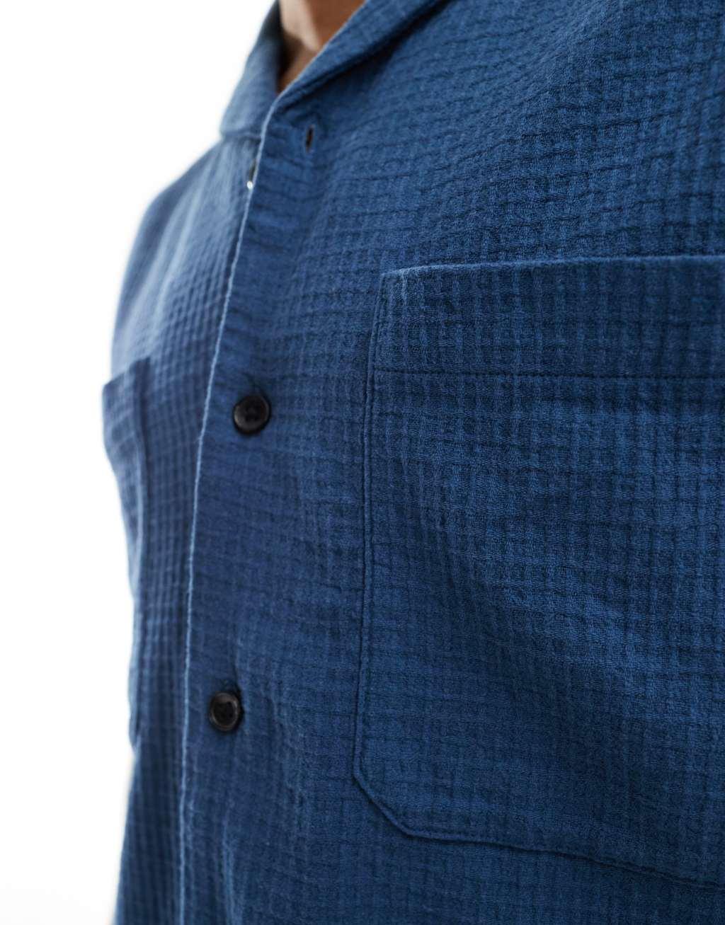 ASOS DESIGN short sleeve relaxed revere collar textured shirt in navy - part of a set Product Image