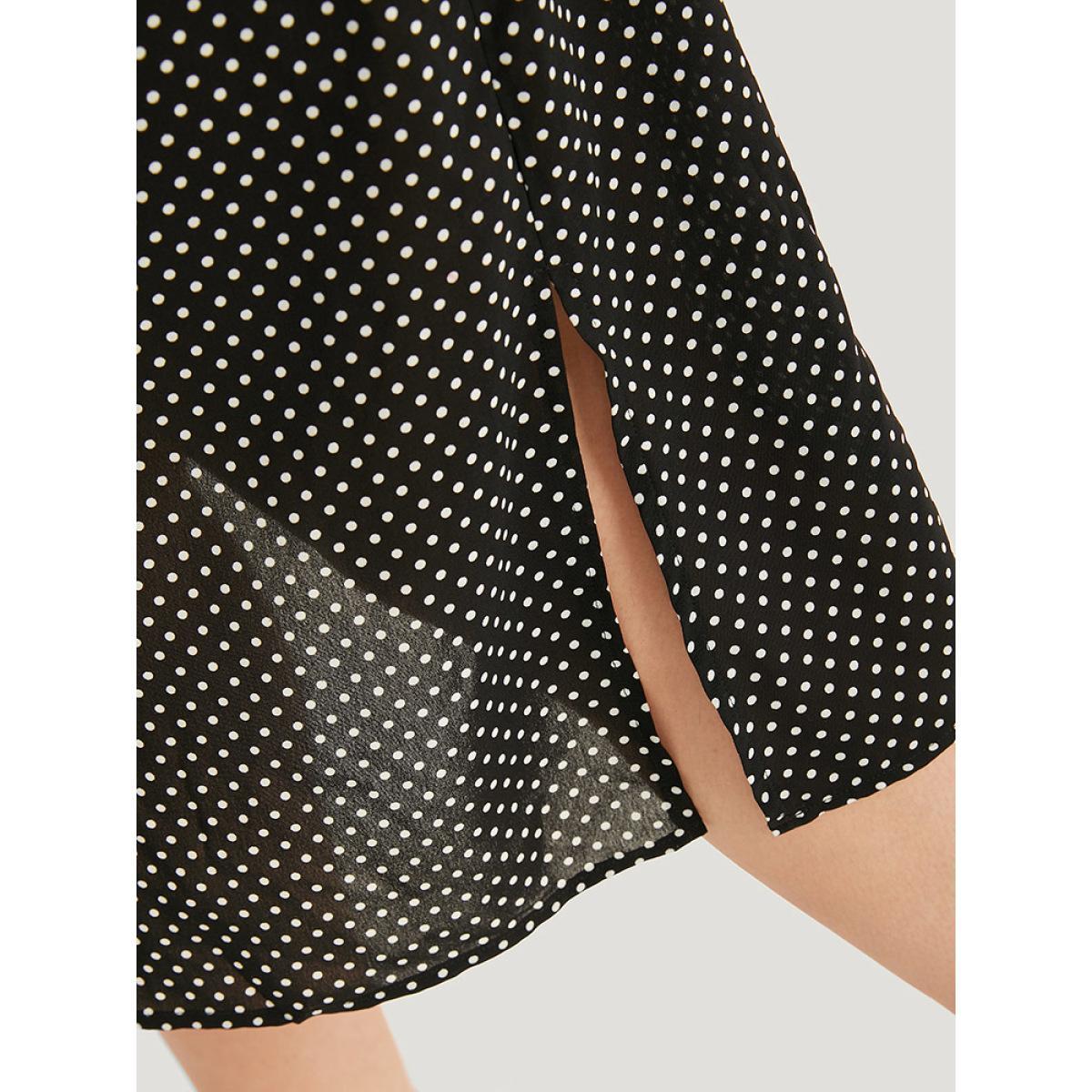 Plus Size Polka Dot Notched Split Hem Button Through Roll Sleeve Dress BlackFlower Women Office Belted Notched collar Short sleeve Curvy Midi Dress BloomChic 12/L Product Image