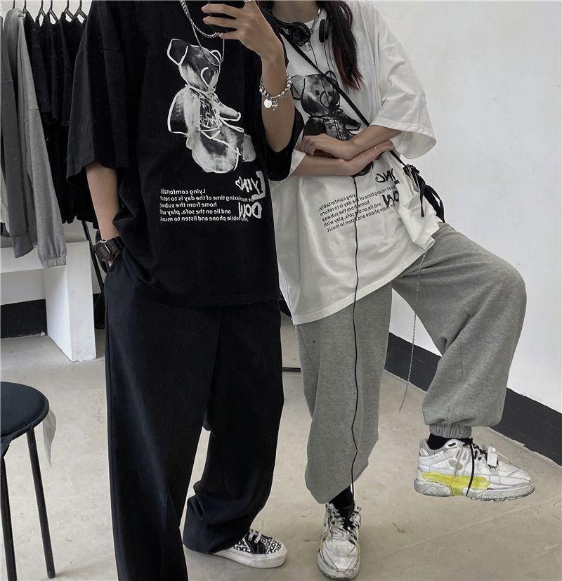 Oversized Lettering Teddy Bear Elbow-Sleeve T-Shirt Product Image