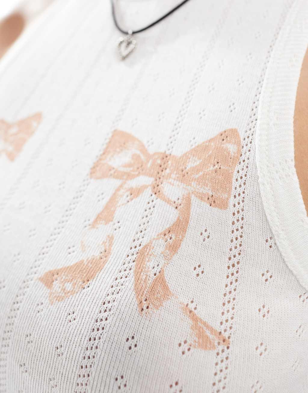 COLLUSION pointelle bow print summer tank top in ecru Product Image