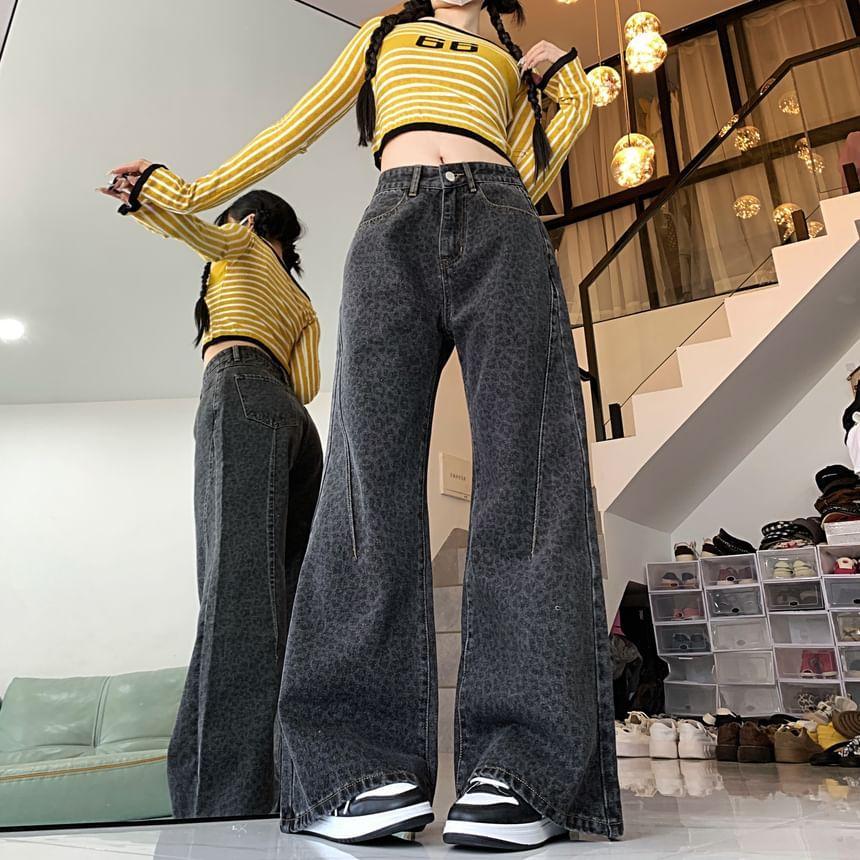 High Rise Washed Leopard Print Wide Leg Jeans Product Image