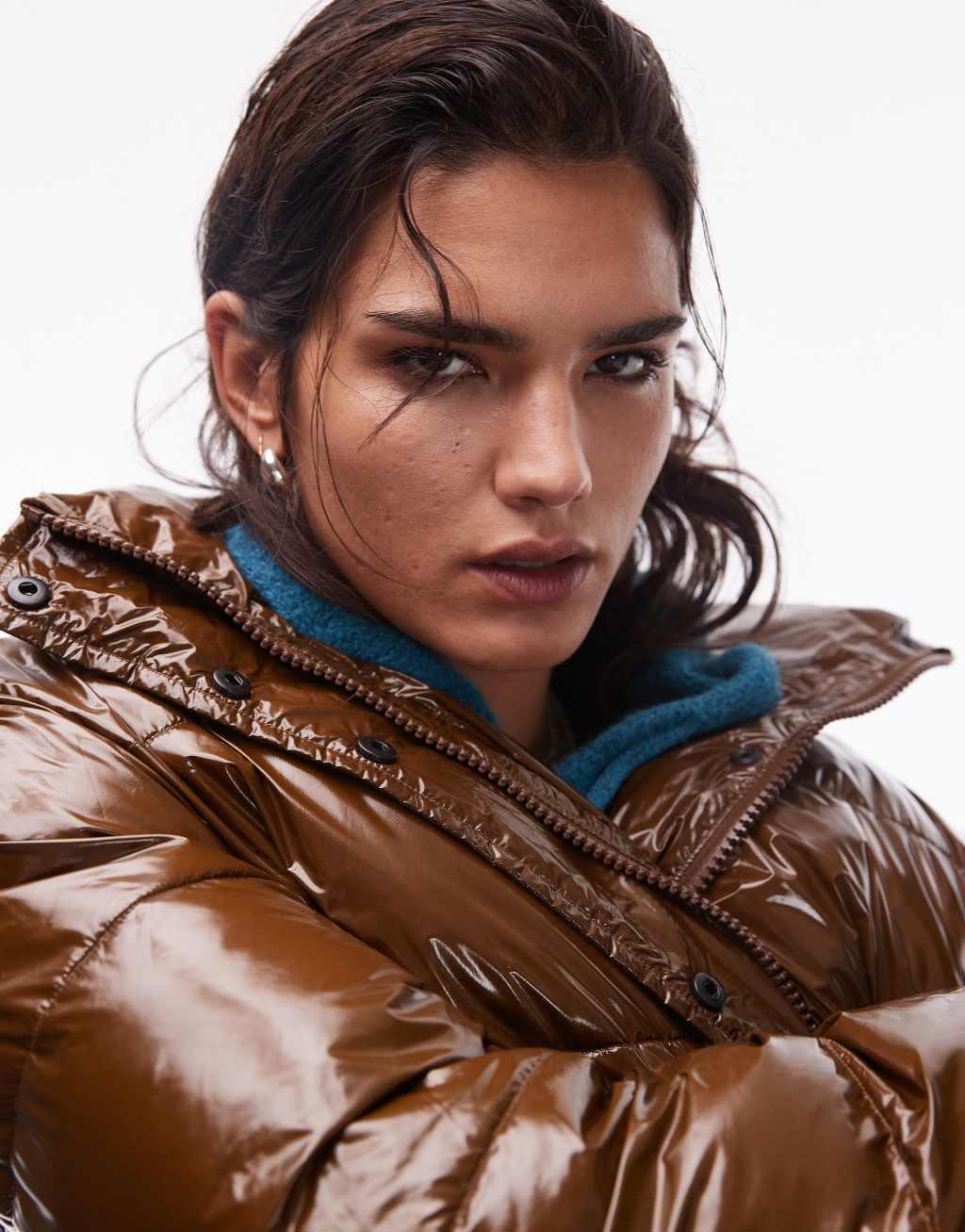 Topshop puffer bomber jacket in choc Product Image