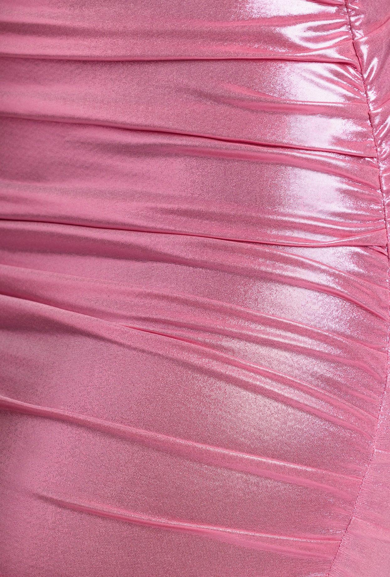 Long Sleeve Metallic Jersey Mini Dress in Rose Pink Product Image
