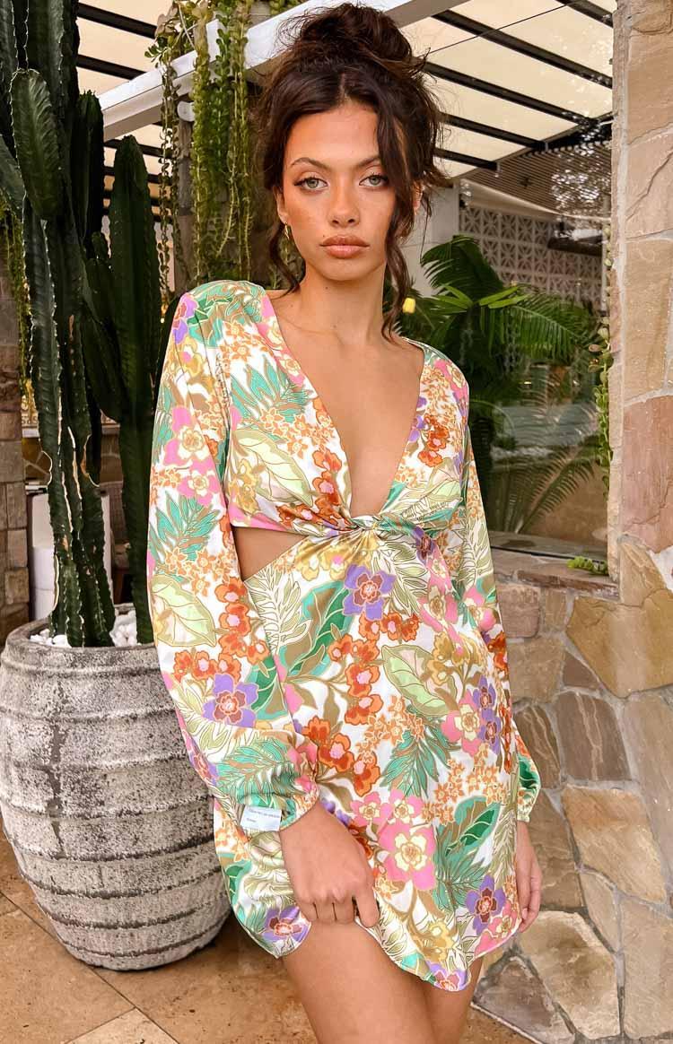 Mars Tropical Print Long Sleeve Twist Mini Dress Product Image