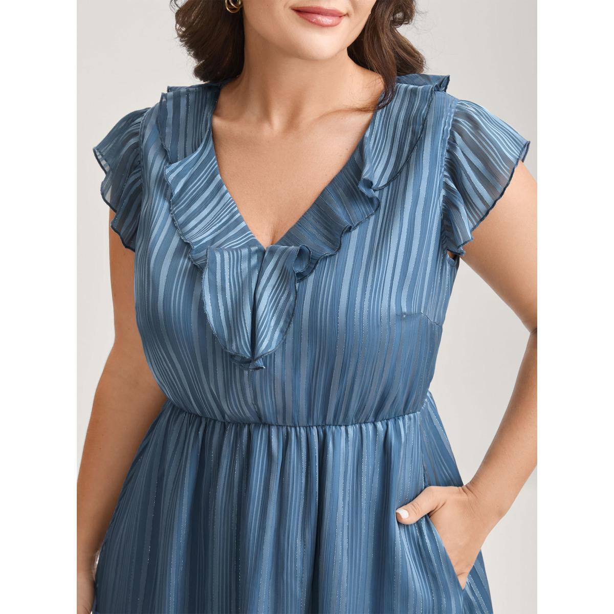 Plus Size Textured Stripe Ruffled Neck Midi Dress Stone Women V-neck Cap Sleeve Curvy BloomChic 22-24/3X Product Image