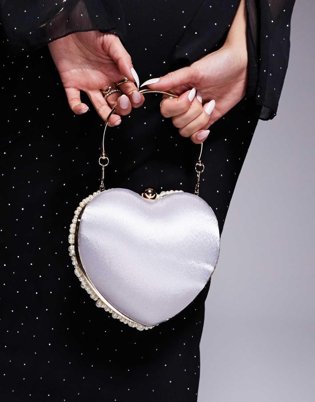 True Decadence pearl embellished heart clutch bag in white Product Image