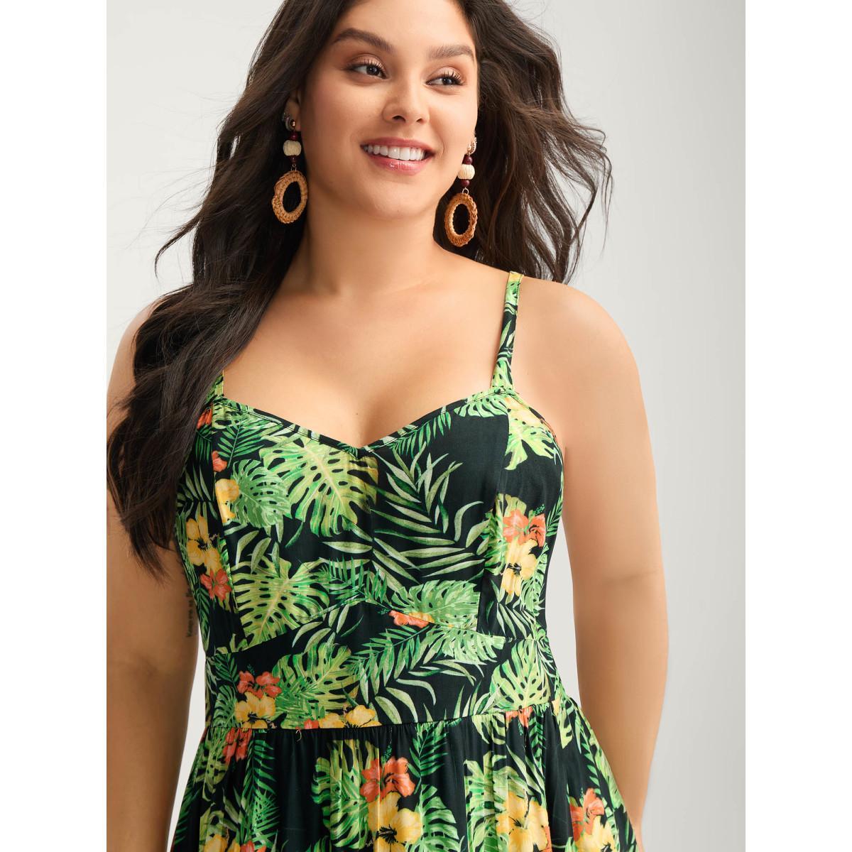 Plus Size Breezy Tropics Shirred Waist Midi Dress Multicolor Women V-neck Sleeveless Curvy BloomChic 18-20/2X Product Image