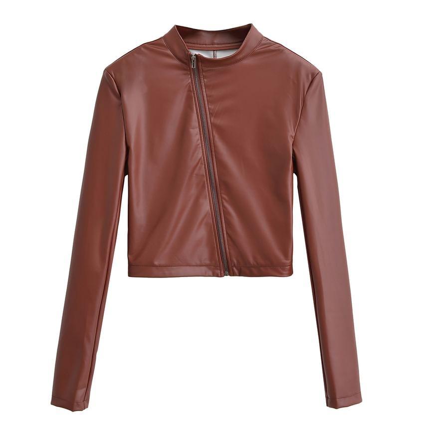 Faux Leather Asymmetrical Zip Jacket Product Image
